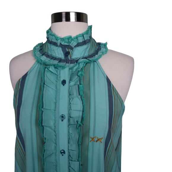 Project E Vintage Womens Ruffle Button Front Dress Size Medium Blue Stripe Boho - Picture 2 of 8